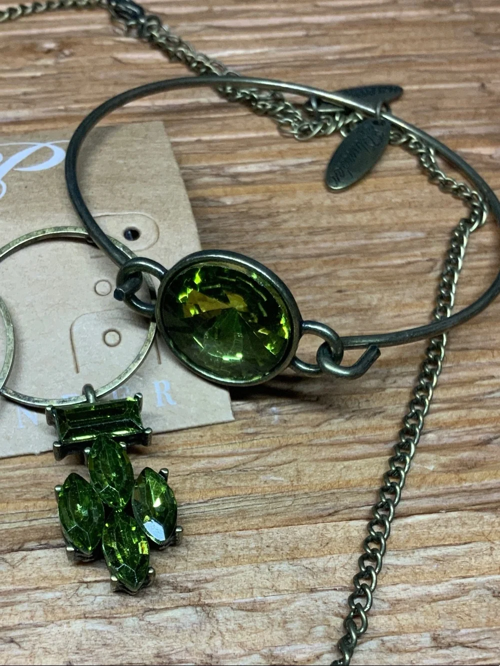 Plunder Green Crystal Stones Antique Bronze Necklace, Bracelet & Earrings Set